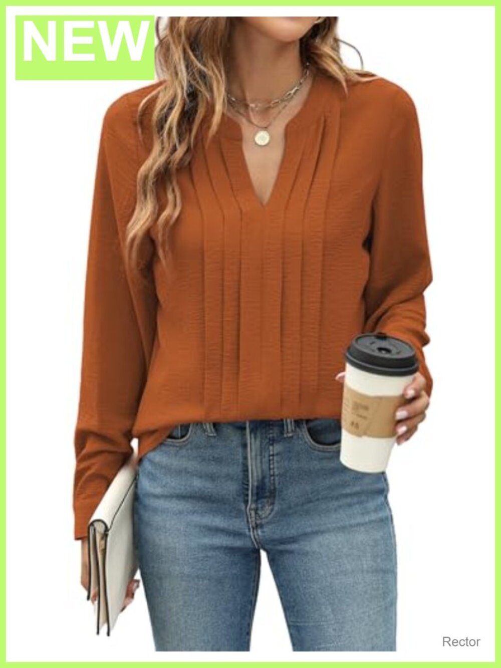 Womens Long Sleeve V-Neck Pleated Blouse Business Casual Work Top